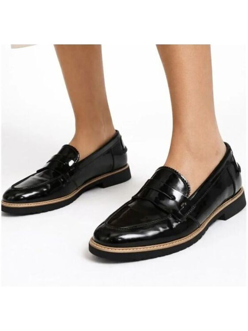 Franco Sarto Women's Cedra Black Patent Leather Penny Loafers Lug Sole Sz 8 NWOT